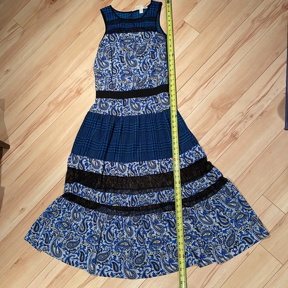 Sz S Michael Kors Blue Lazio Paisley/plaid Print Tiered Maxi Dress W/lace - Picture 2 of 9